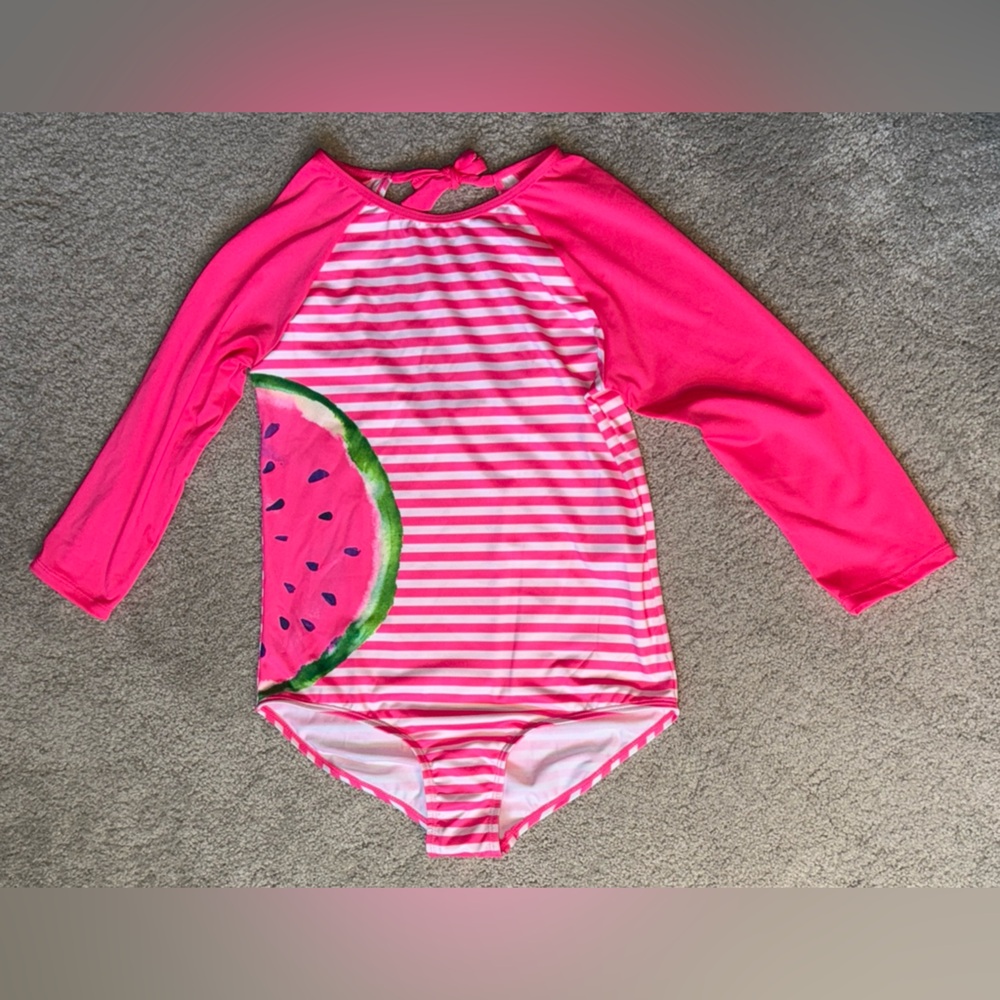 Girls 14/16 Pink Platinum Hot Pink Striped 1 Pc Swimsuit Rash Guard - NWT